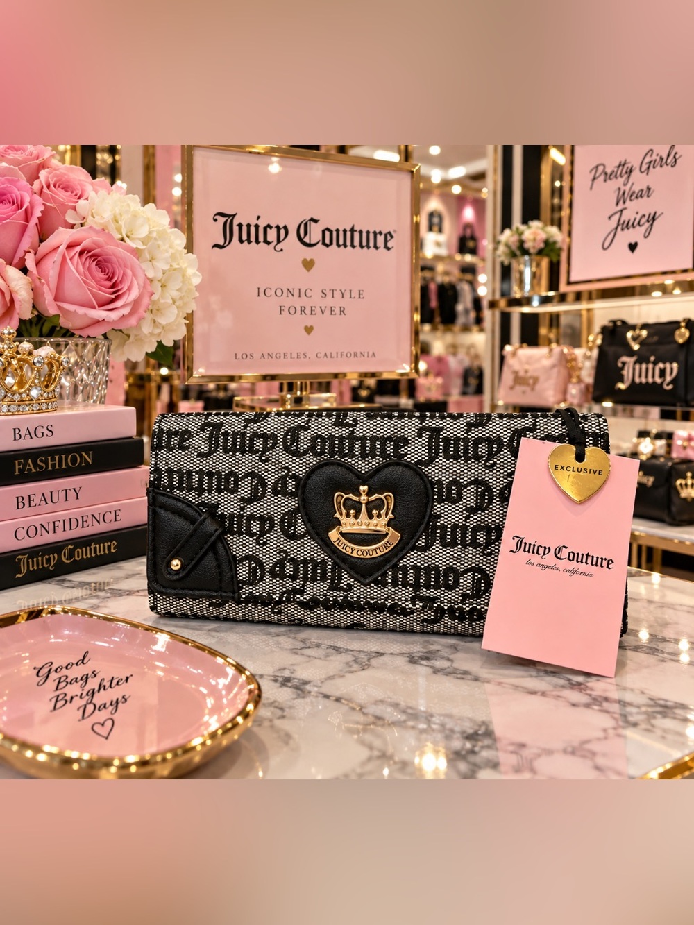 Juicy Couture Black & White Monogram Heart Clutch with Gold Crest